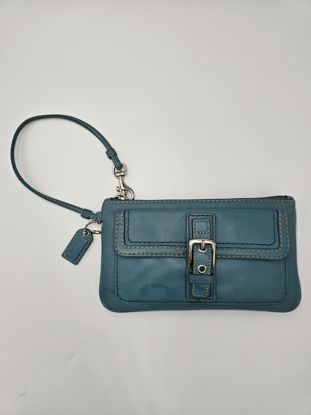 COACH Teal Turquoise Leather Wristlet Clutch with Buckle Detail *FLAWS pls read*